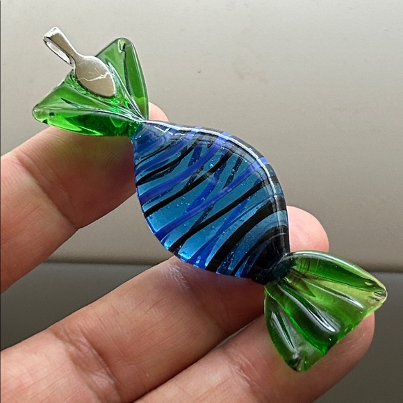 🖤Venetian Murano glass Candy 🍬 Pendant - green clear blue - Picture 4 of 12